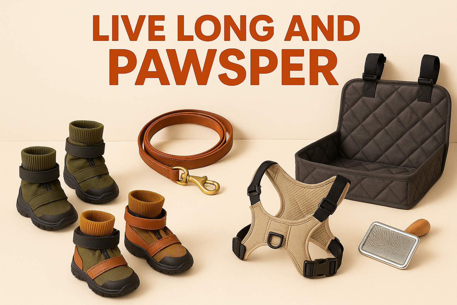 generate a picture with dog shoes, leash, dog car cover, harness, and brush with heading live long and pawsper