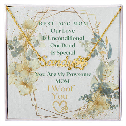 Best Dog Mom, Paw Print Name Necklace